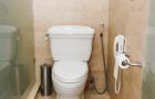 white toilet next to wall hanging shower handle, phone and toilet paper roll