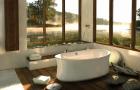 oval white tub in the middle of rustic bathroom surrounded by lakeside windows